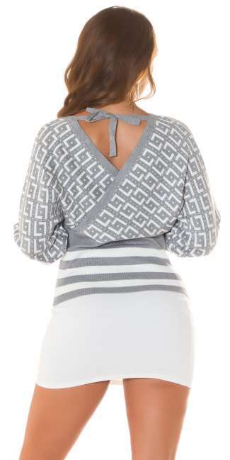 knitted Pullover with V-Neck and Bow Detail Gray